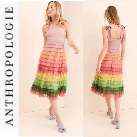 FINAL Bl^nk London x Anthropologie Rainbow Tulle Tiered Ruffle Midi Dress - Picture 2 of 15